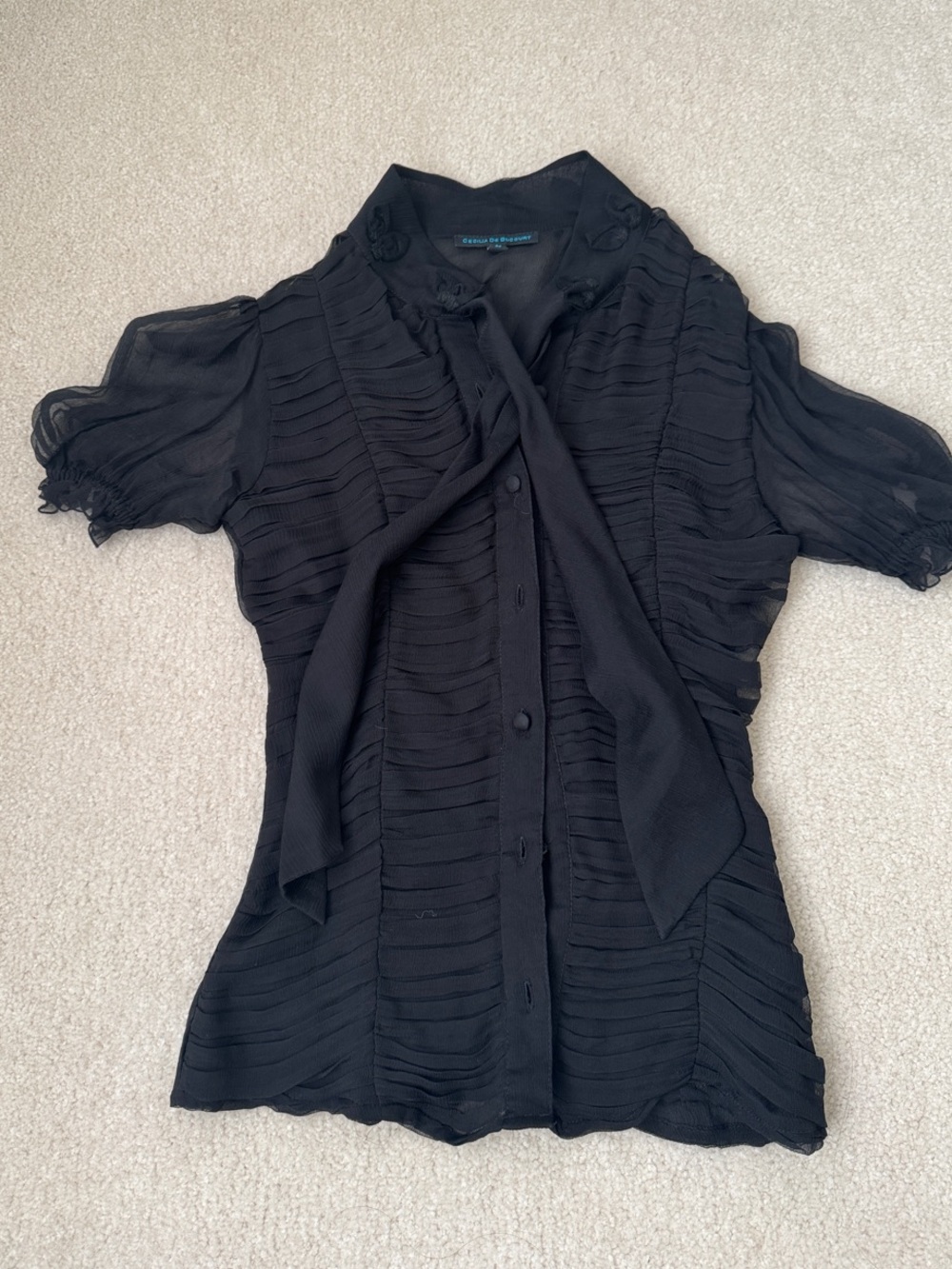 New Cecilia De Bucourt 100% Silk Ruched Black Blouse Top 0 XS